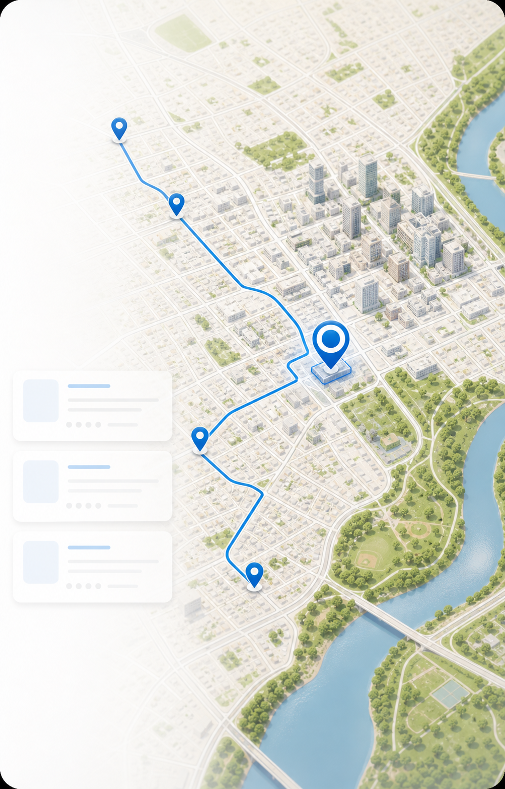 Local street map with blue routes connecting nearby neighborhoods to a highlighted business location